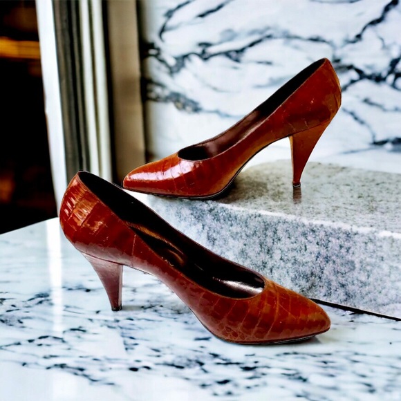 Mr. Jay Vintage 80's Italian Brown Croc Print Leather Pump Pointed Toe - Picture 2 of 16